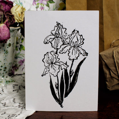 Iris Bouquet Handmade Linocut Greeting Card