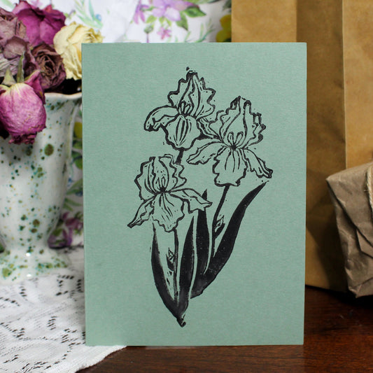 Iris Bouquet Handmade Linocut Greeting Card