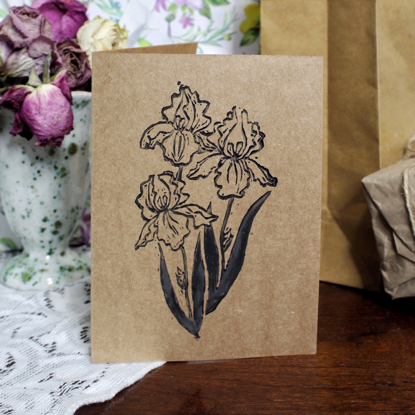 Iris Bouquet Handmade Linocut Greeting Card